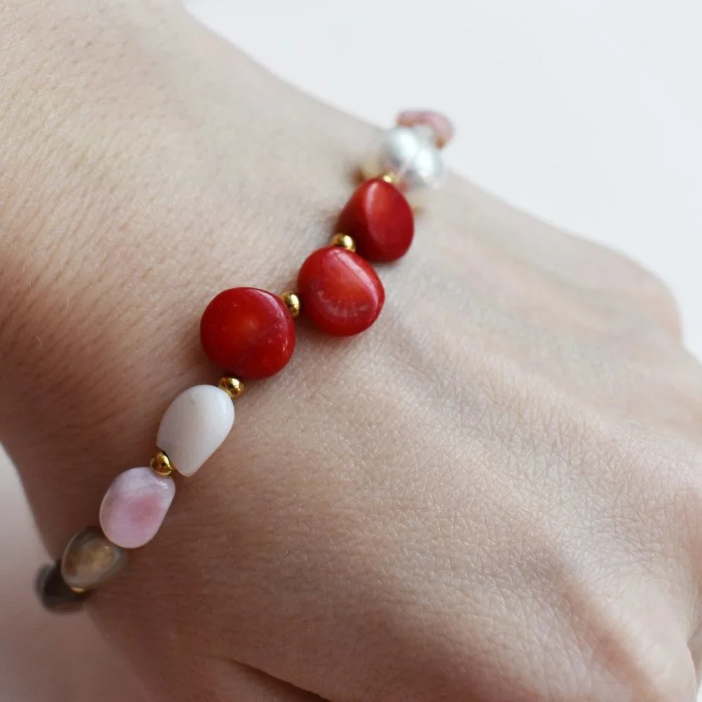Mismatched beaded bracelet, red coral and pearl bracelet handmade